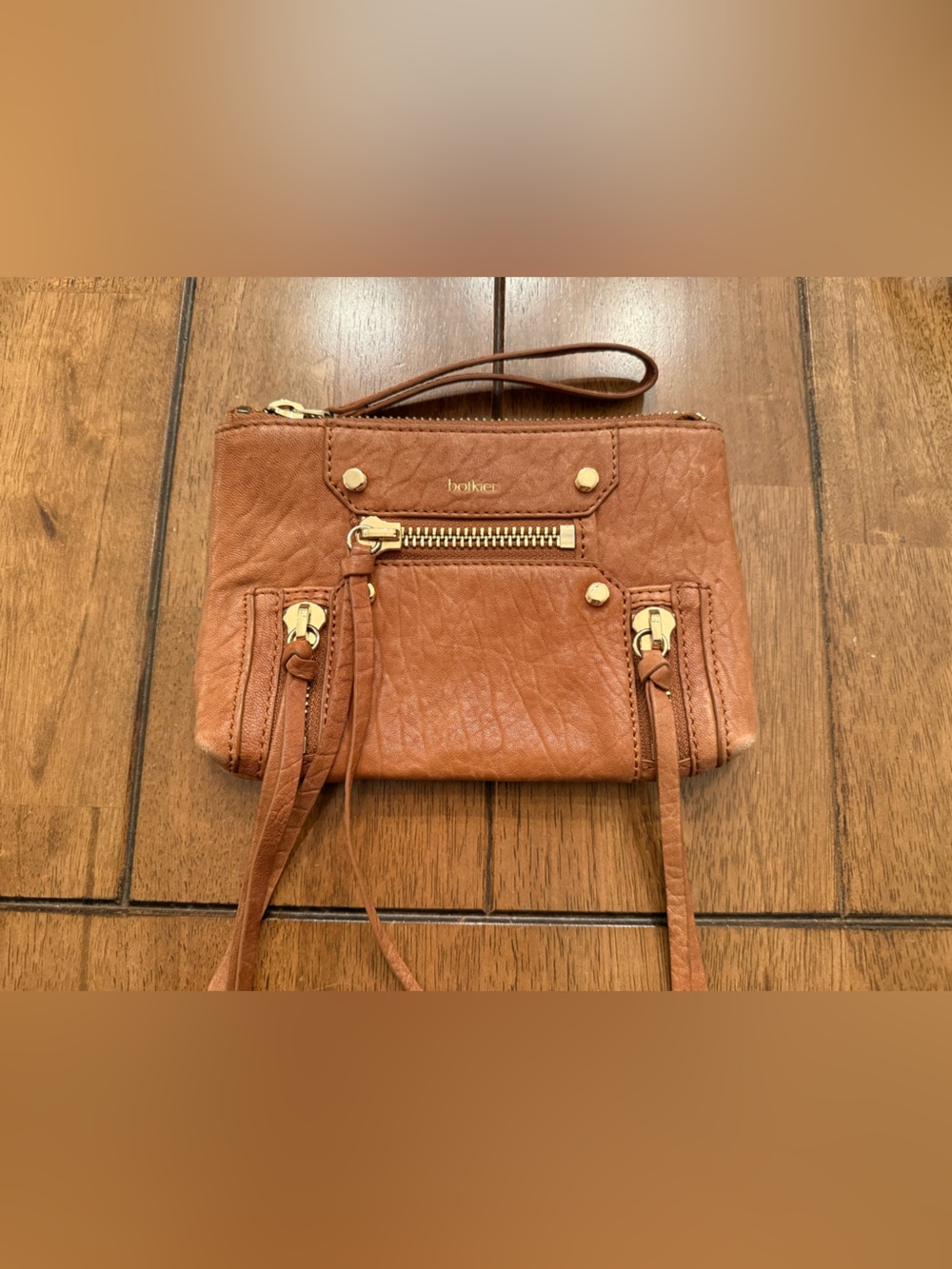 Botkier Tan Leather Wristlet Y2K Bohemian with Gold Hardware and Tassels